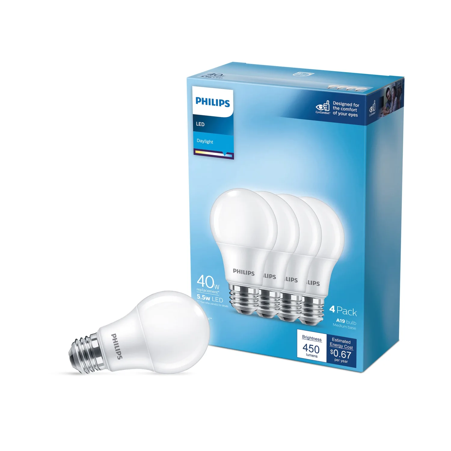 PHILIPS LED Basic Frosted A19, Non-Dimmable, Eye Comfort Technology, 450 Lumen, Daylight(5000), 5.5W=40W, E26 Base, 4PK