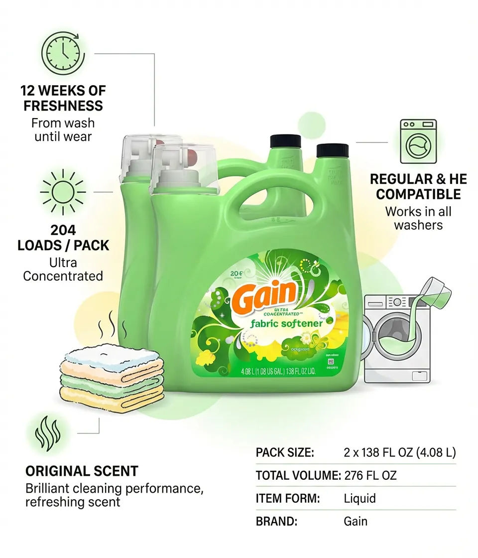 2 Pack Ultra Concentrated Liquid Fabric Softener, Original (138 fl oz, 204 loads)/Pack