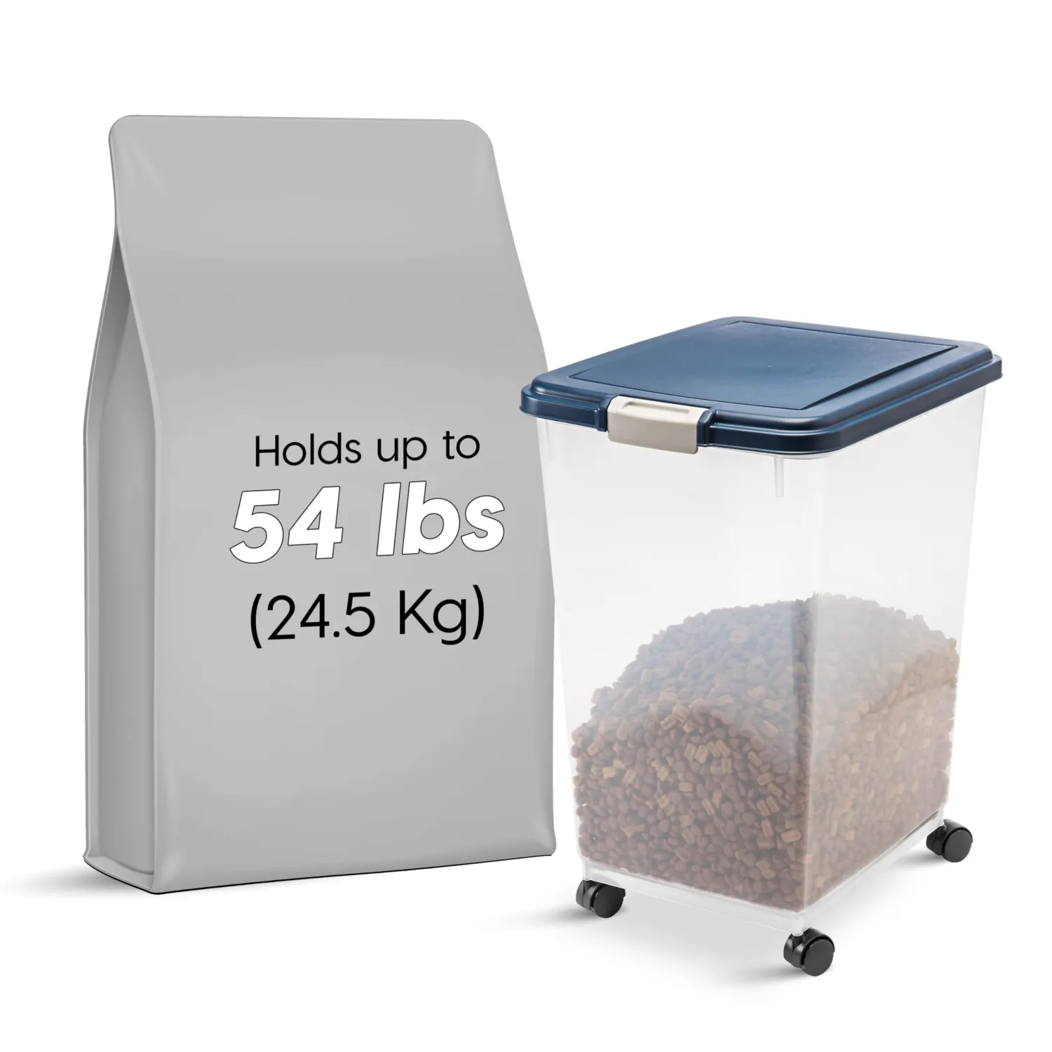 IRIS USA Airtight Dog Food Storage Container, Up to 54 lbs, Attachable Wheels, For Dog Cat Bird and Other Pet Food Storage Bin, Keep Fresh, Translucent Body, Easy Mobility, Navy