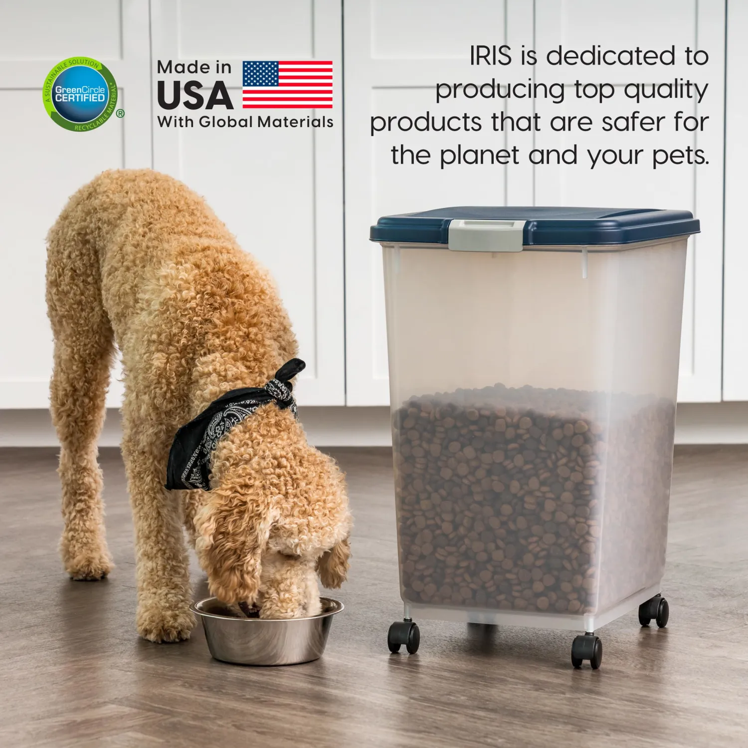 IRIS USA Airtight Dog Food Storage Container, Up to 54 lbs, Attachable Wheels, For Dog Cat Bird and Other Pet Food Storage Bin, Keep Fresh, Translucent Body, Easy Mobility, Navy