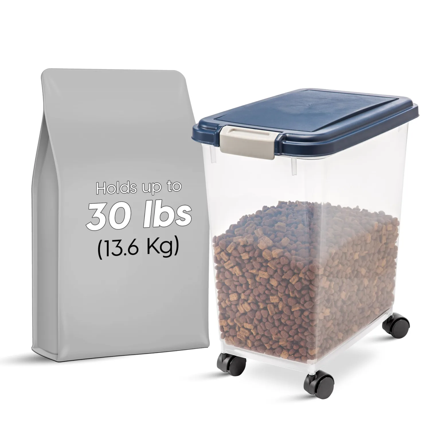 IRIS USA Airtight Dog Food Storage Container, Up to 30 lbs, Attachable Wheels, for Dog Cat Bird and other Pet Food Storage Bin, Keep Fresh, Easy Mobility, BPA Free, Navy