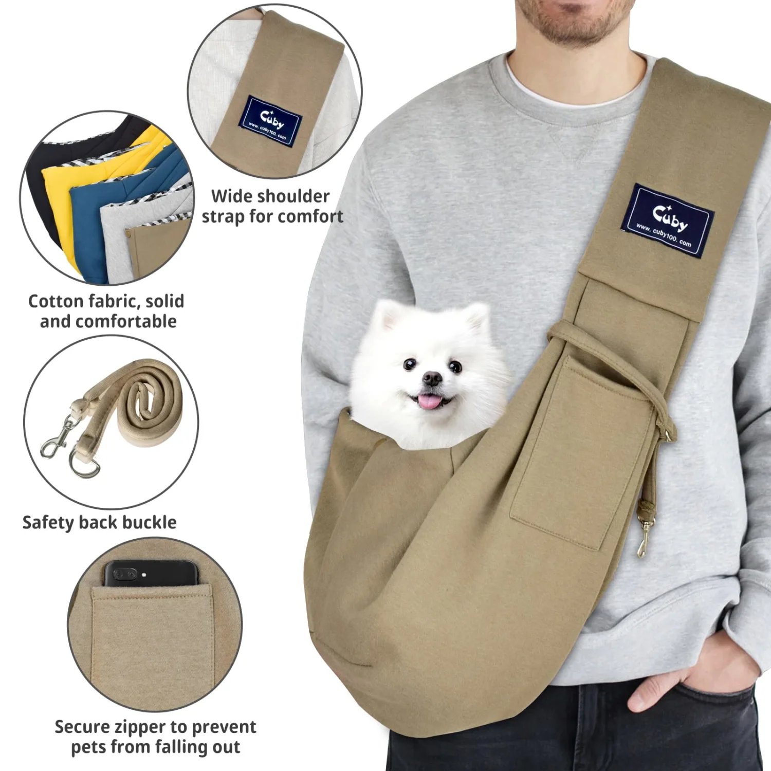 CUBY Dog and Cat Sling Carrier - Hands Free Reversible Pet Papoose Bag - Soft Pouch and Tote Design - Suitable for Puppy, Small Dogs Cats Outdoor (Khaki, Unadjustable Strap)