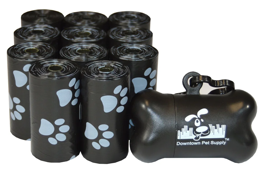 Downtown Pet Supply 220 Count Dog Poop Bags Refills with Leash Clip and Bone Bag Dispenser, Black with Paw Prints - Dog Waste Bags Unscented and Leak-Proof with Dog Poop Bag Dispenser - 12.5 x 8.5"