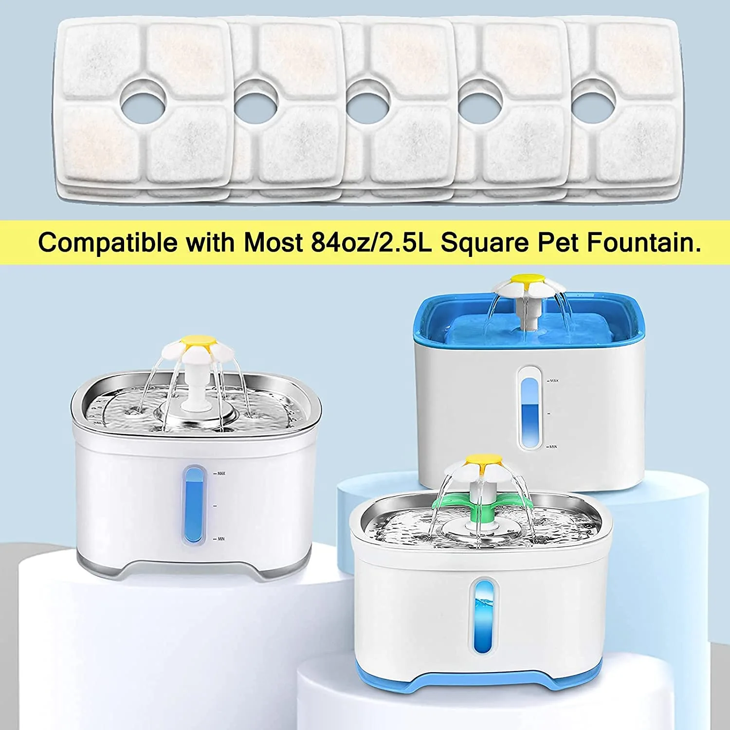 Cat Water Fountain Filters,8 Pack Replacement Filter Fit for Top Square 84oz/2.5L Cat Pet Fountain, 3 Filtration System