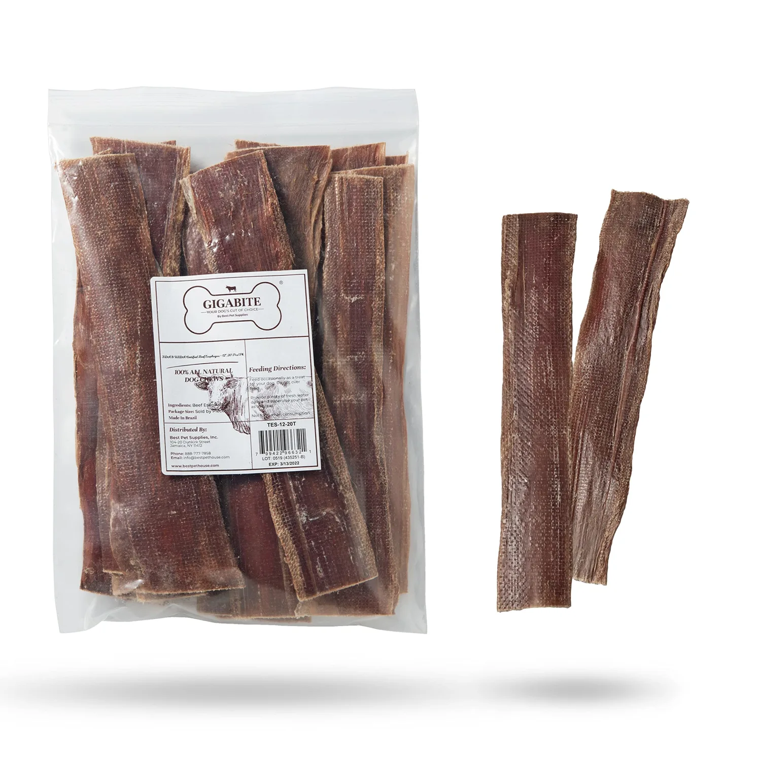 GigaBite 12 Inch Beef Gullet Jerky Strips (20 Pack) - All Natural, Free Range Beef Esophagus Taffy Dog Treat by Best Pet Supplies