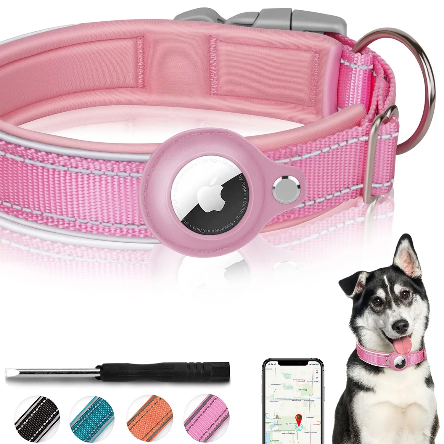 Reflective AirTag Dog Collar, FEEYAR Padded Apple Air Tag Dog Collar, Heavy Duty Dog Collar with AirTag Holder Case, Adjustable Air Tag Accessories Pet Collar for Small Medium Large Dogs