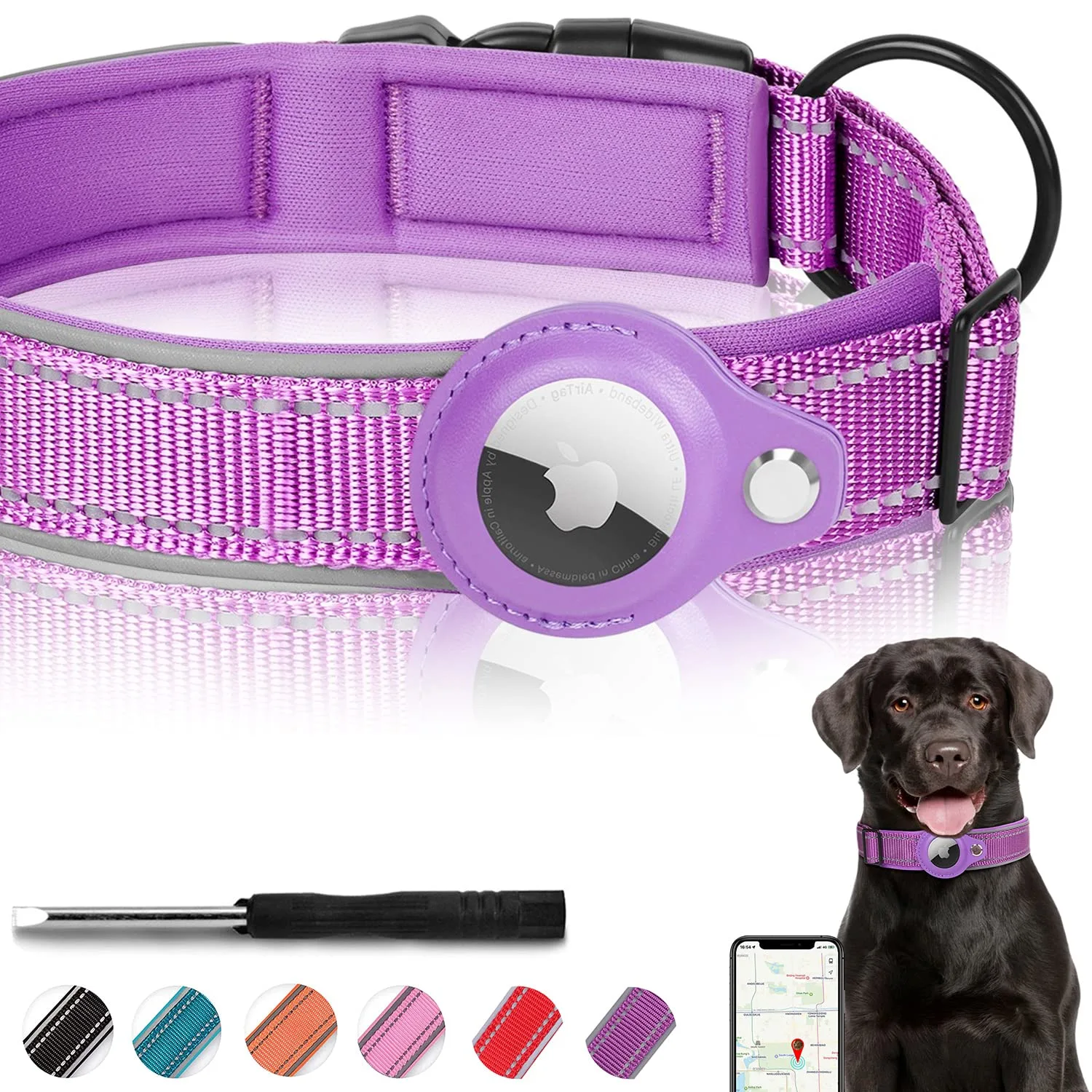 Reflective AirTag Dog Collar, FEEYAR Padded Apple Air Tag Dog Collar, Heavy Duty Dog Collar with AirTag Holder Case, Adjustable Air Tag Accessories Pet Collar for Small Medium Large Dogs, M(15''-18'')