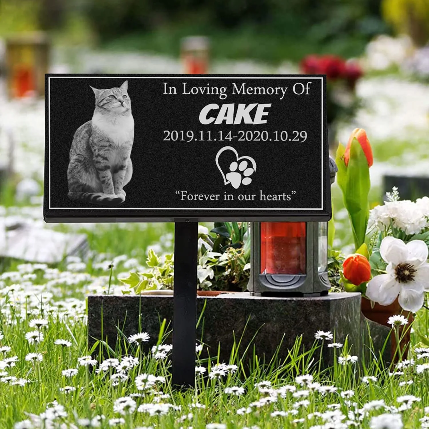 Personalized Pet Memorial Stones for Dogs, Gray Cat Black Granite Tombstone, Pet Grave Marker stand for 6"x 12" inches, Dog Headstones, Dog Memorial Gifts for The Outdoor or Home (style 2)