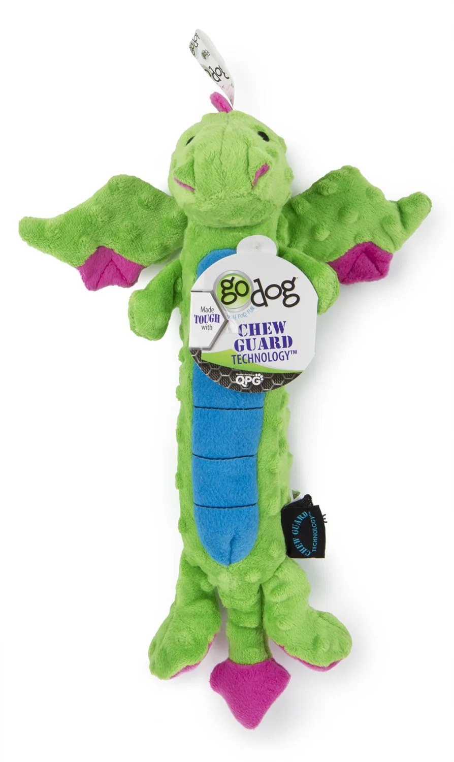 goDog PlayClean Skinny Dragon Squeaky Plush Dog Toy with Odor-Eliminating Essential Oils, Chew Guard Technology - Green, Small