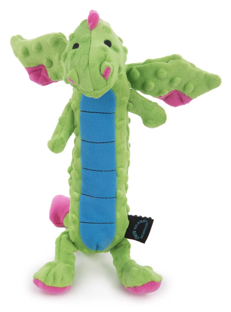 goDog PlayClean Skinny Dragon Squeaky Plush Dog Toy with Odor-Eliminating Essential Oils, Chew Guard Technology - Green, Large