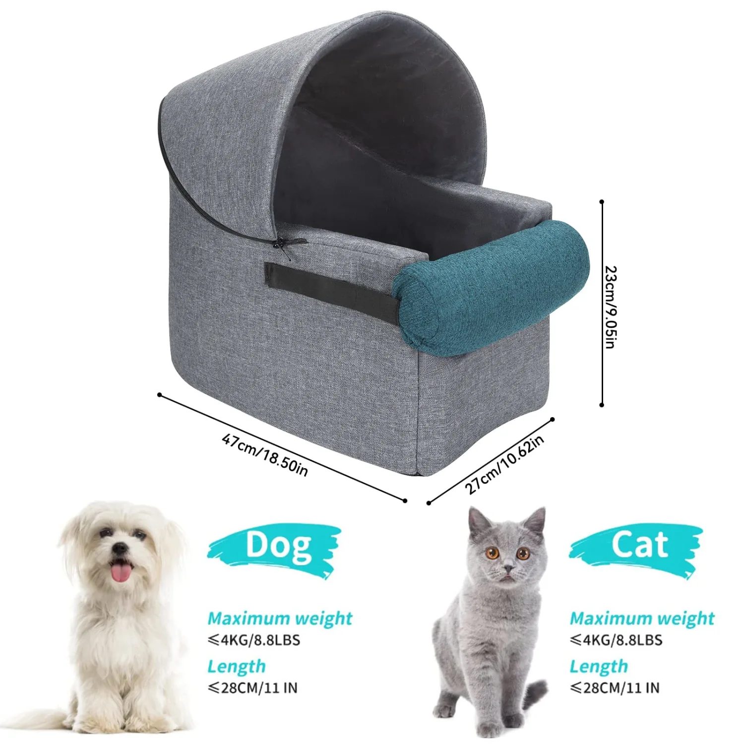 HIFUAR Pet Car Booster Seat Small Dogs Armrest Booster Seat for Car,Middle Console Dog Car Seat Center Console Doggie Seat (Grey+Blue(with top))