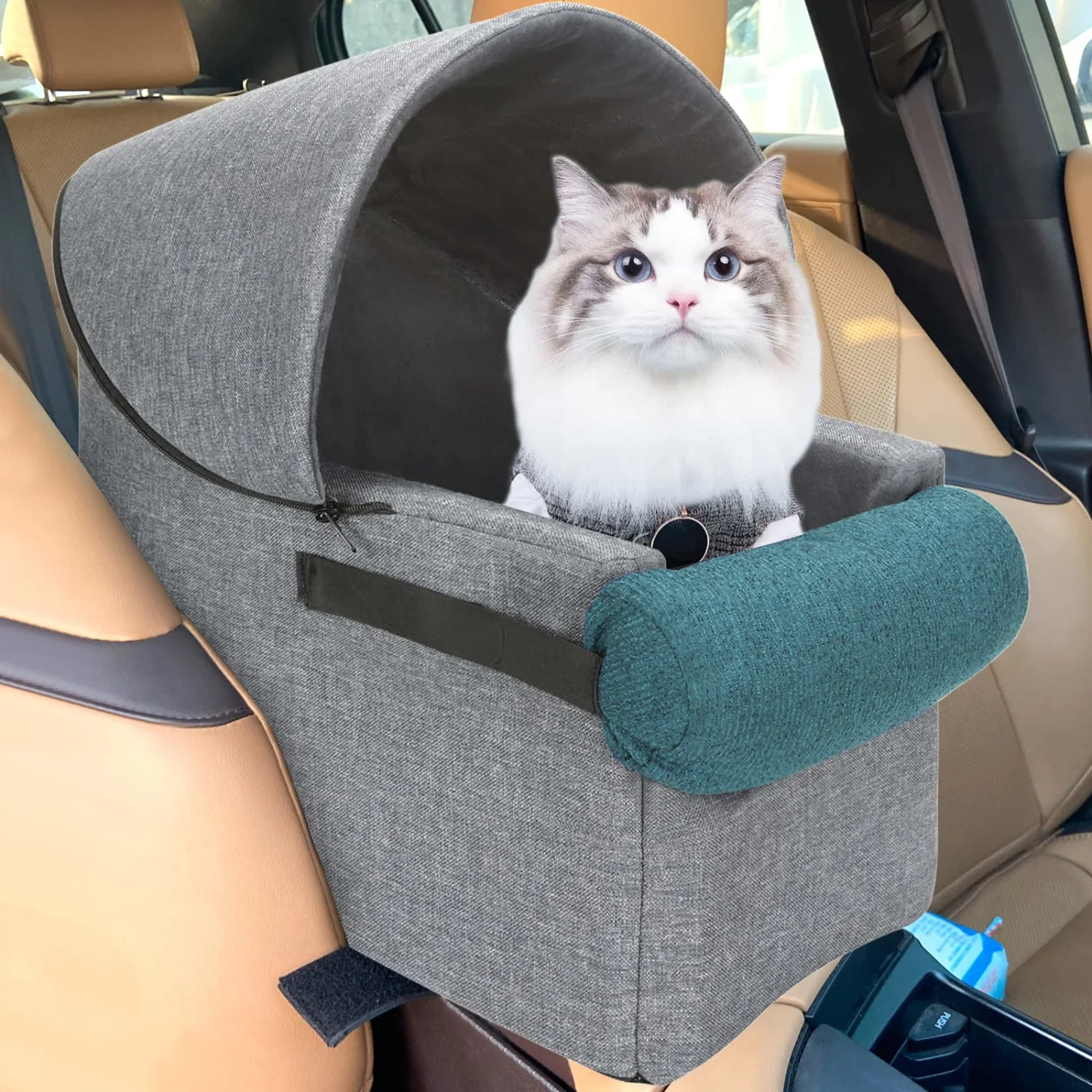 HIFUAR Pet Car Booster Seat Small Dogs Armrest Booster Seat for Car,Middle Console Dog Car Seat Center Console Doggie Seat (Grey+Blue(with top))