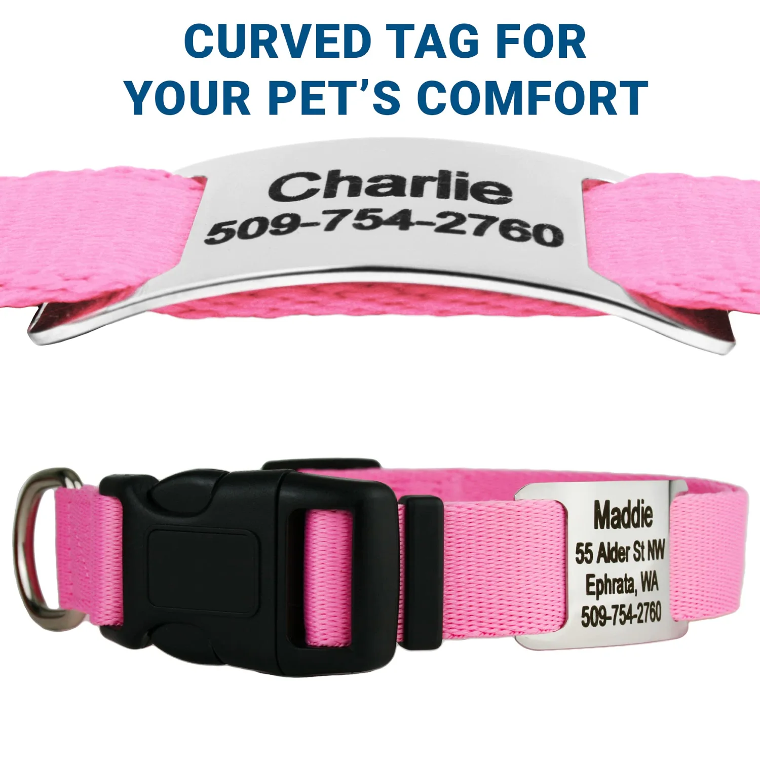 GoTags Personalized Dog Collar with Nameplate, Adjustable Dog Collar with Custom Engraved Slide On Pet ID Tag in Stainless Steel, Silent, No Noise Dog Tag for Large Medium and Small (Pink, Medium)