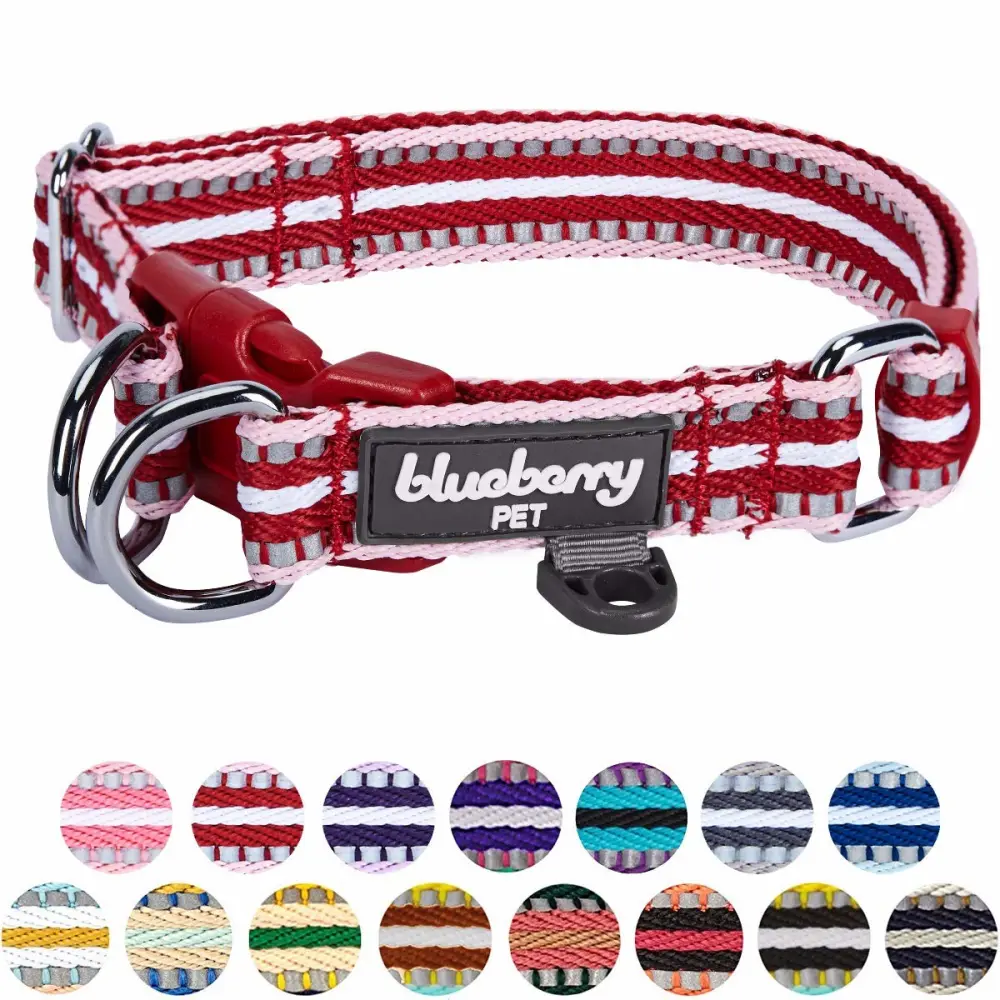 Blueberry Pet Dog Collar - Reflective Nylon Dog Collars for Small Dogs | Adjustable Multicolored Stripe Design in Marsala Red & Pink | Safe Puppy Collar for Female & Male Dogs