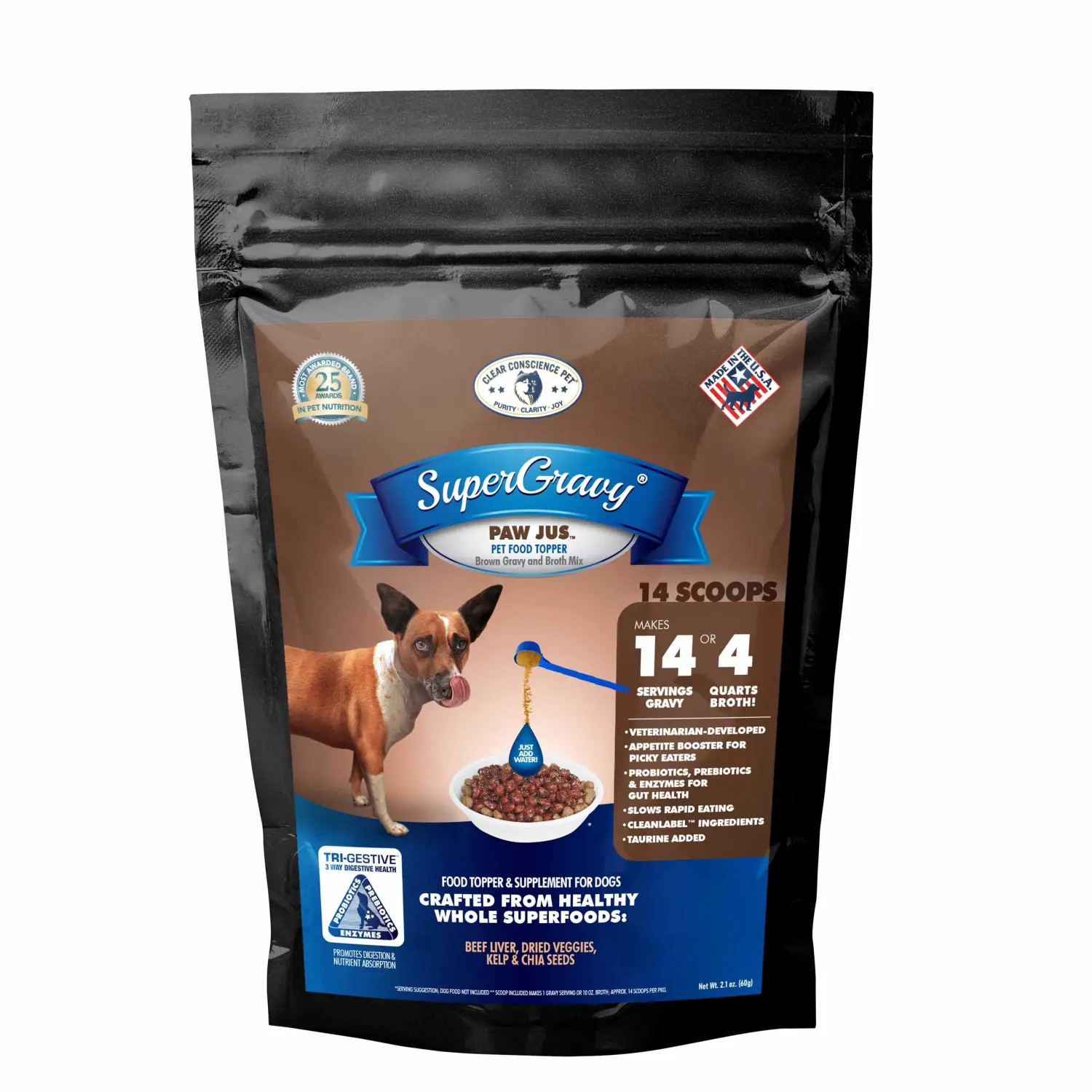SuperGravy PAW jus - Natural Dog Food Gravy Topper - Hydration Broth Food Mix - Human Grade – Kibble Seasoning for Picky Eaters – Gluten Free & Grain Free, Made in USA 14 Scoops, 01088