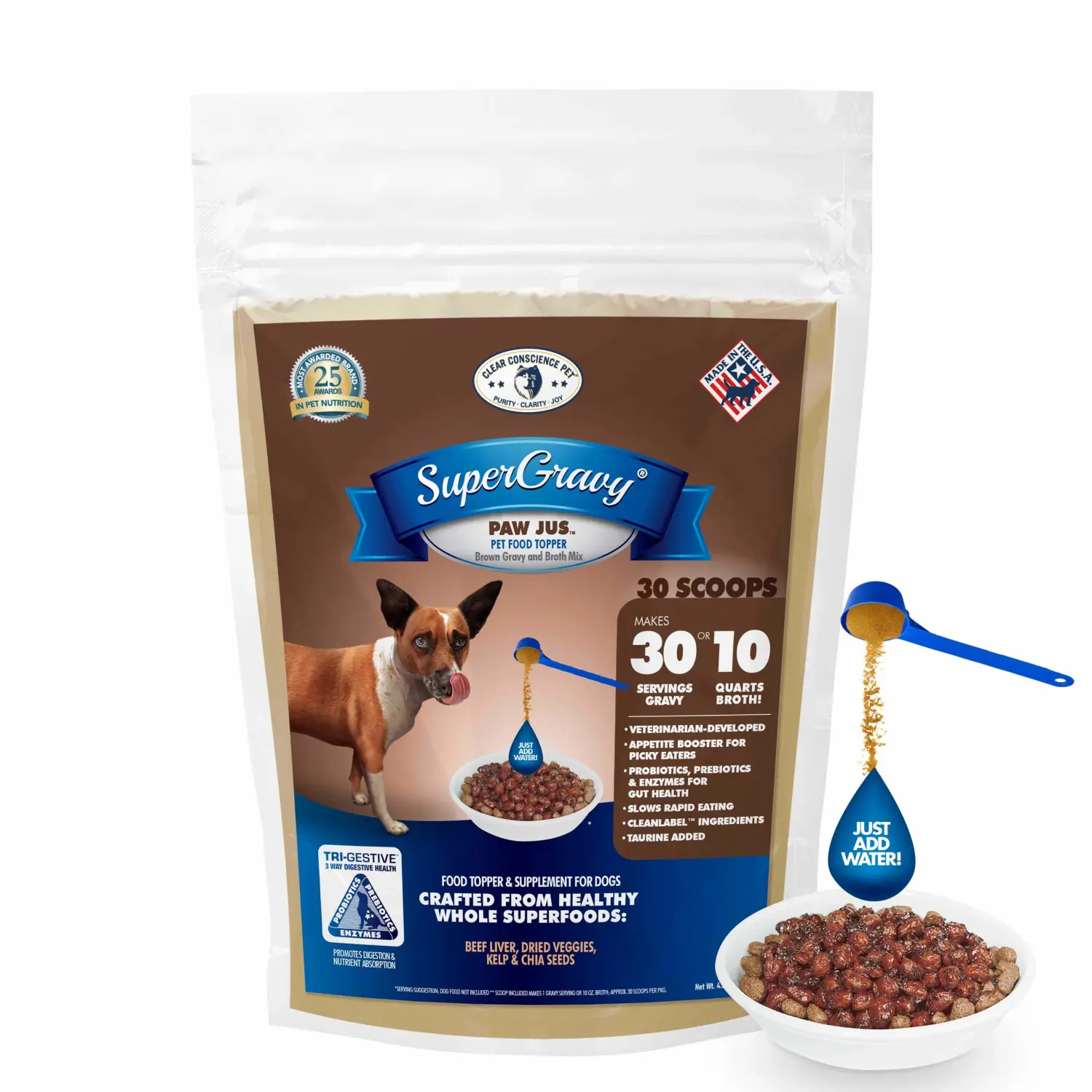 SuperGravy PAW jus - Natural Dog Food Gravy Topper - Hydration Broth Food Mix - Human Grade – Kibble Seasoning for Picky Eaters – Gluten Free & Grain Free, Made in USA 14 Scoops, 01088