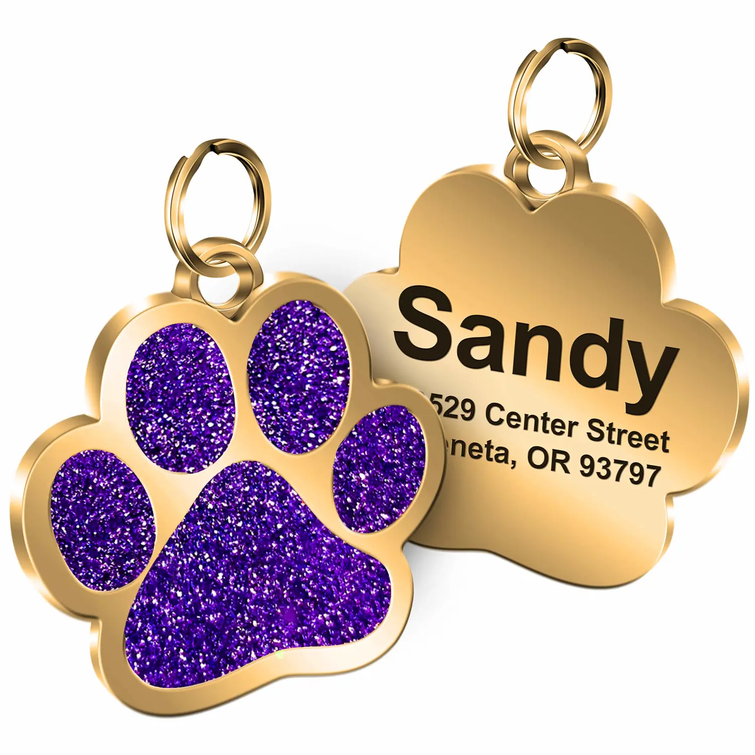Personalized Engrave Pet ID Tags Paw Shape Custom Glitter Pet Supplies Engrave Name Number Elegant Plated Unique Gift for Cats Little Dogs (Purple)
