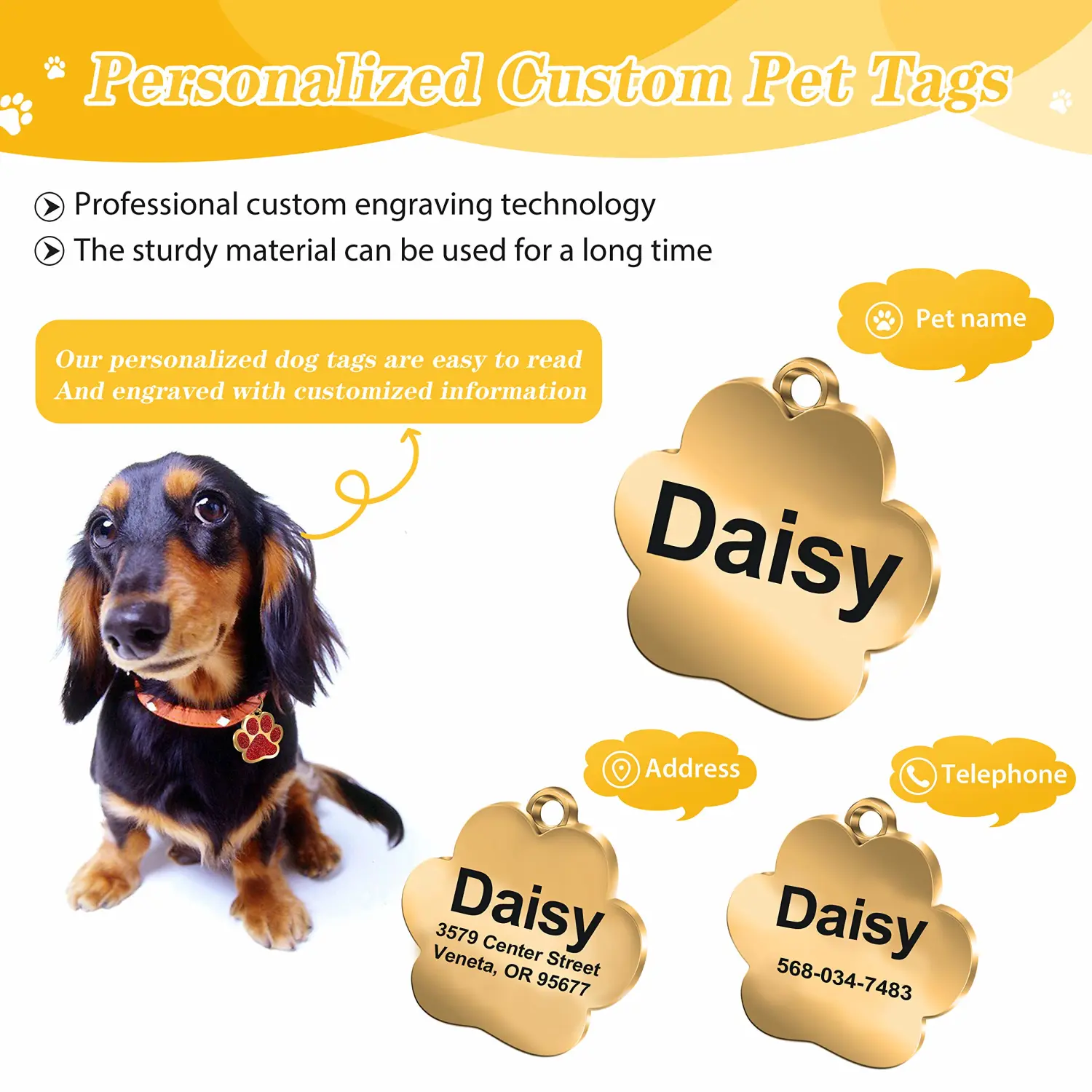 Personalized Engrave Pet ID Tags Paw Shape Custom Glitter Pet Supplies Engrave Name Number Elegant Plated Unique Gift for Cats Little Dogs (Purple)