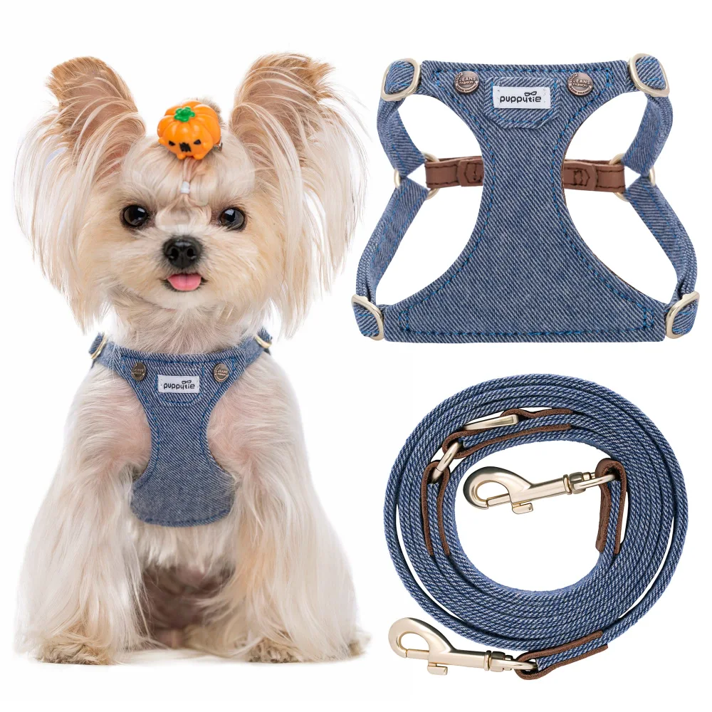 Puppytie No Pull xs Dog Harness with Multifunction Dog Leash,Soft Adjustable No Choke Escape Proof Pet Harness Vest,Denim Light Blue,XXS