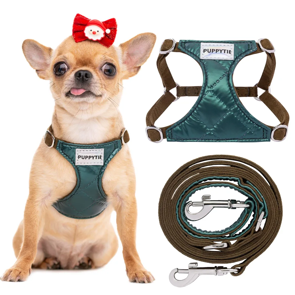 Puppytie No Pull xs Dog Harness with Multifunction Dog Leash,Soft Adjustable No Choke Escape Proof Pet Harness Vest,Glossy Dark Green,XXS