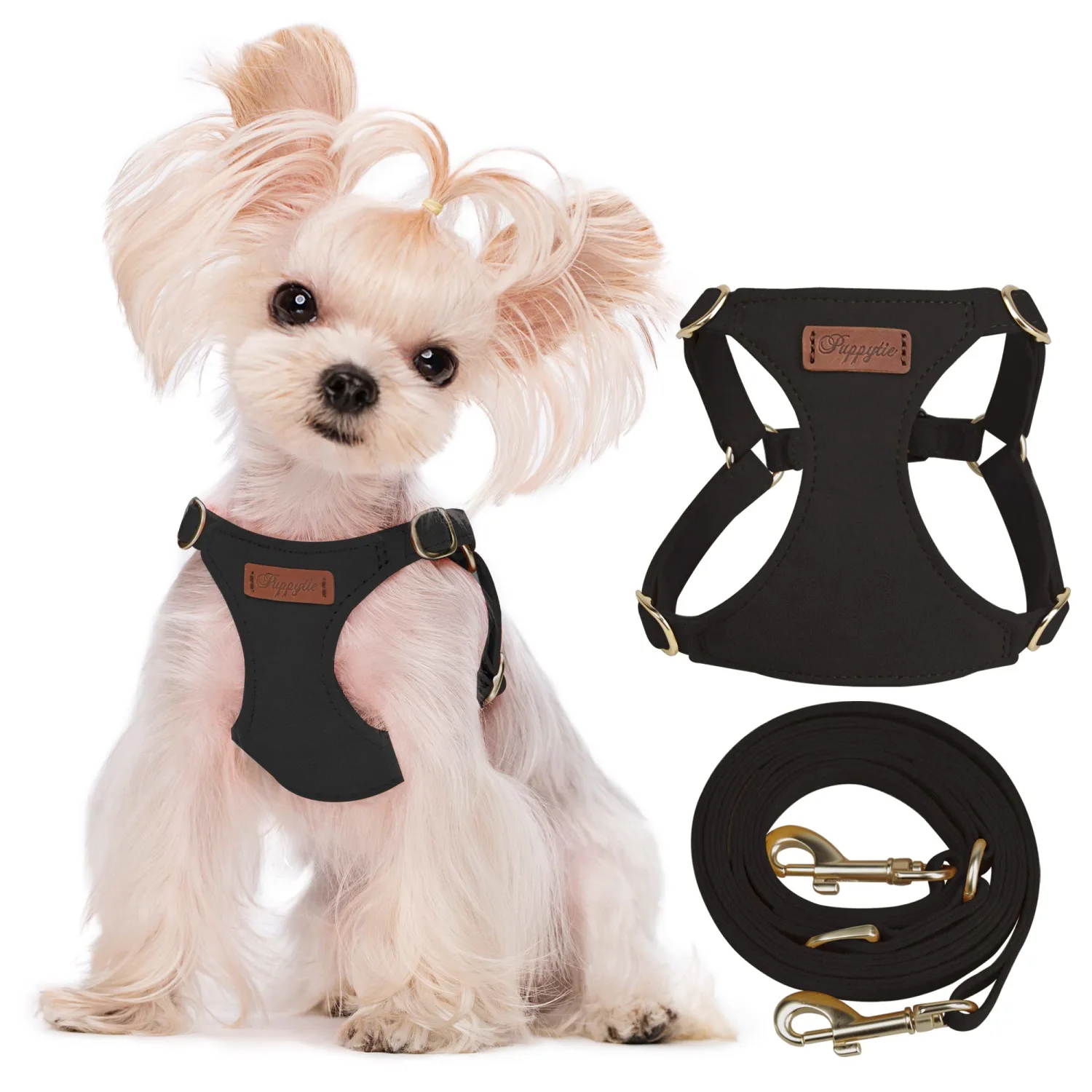 Puppytie No Pull XXS Puppy Harness with Multifunction Dog Leash,Soft Adjustable No Choke Escape Proof Pet Harness Vest,Black,XXS