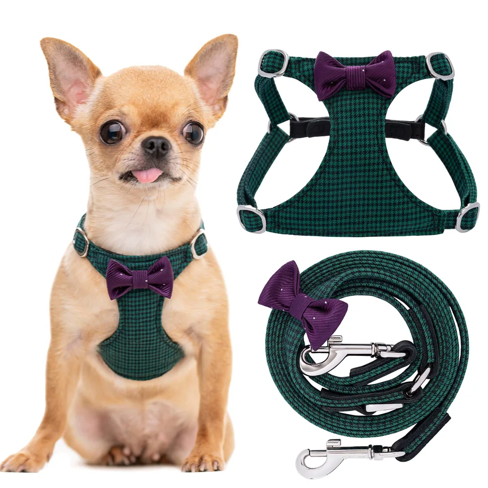 Puppytie No Pull xs Dog Harness with Multifunction Dog Leash,Soft Adjustable No Choke Escape Proof Pet Harness Vest,Plaid Green,xs