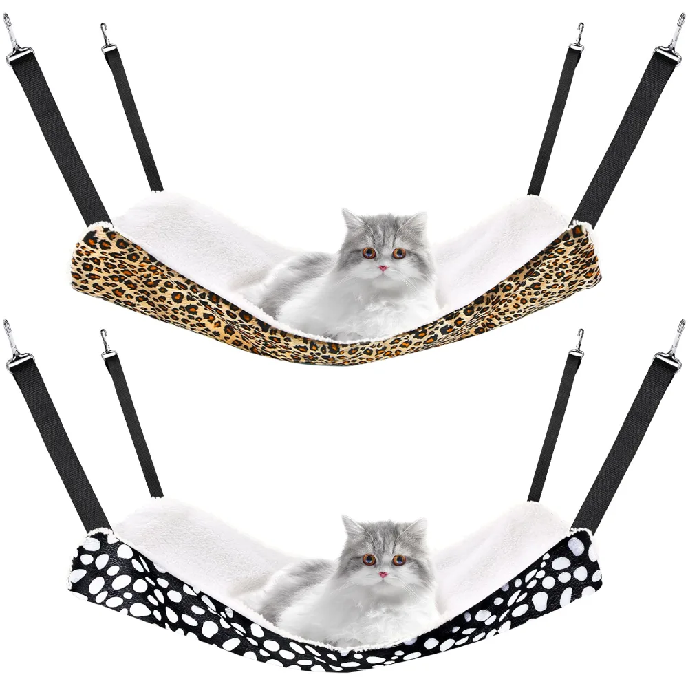 2 Pieces Reversible Cat Hanging Hammock Soft Breathable Pet Cage Hammock with Adjustable Straps and Metal Hooks Double Sided Hanging Bed for Small Dogs Rabbits(Leopard and Dot,M)