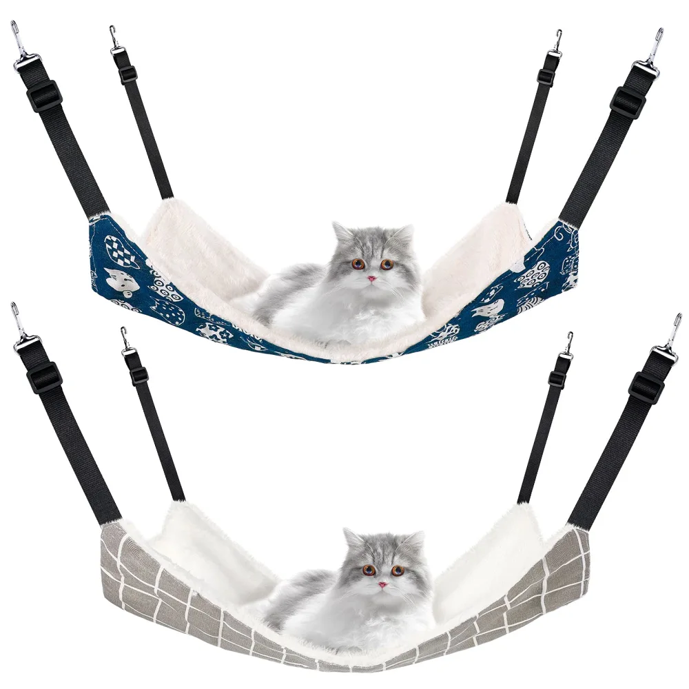 2 Pieces Reversible Cat Hanging Hammock Soft Breathable Pet Cage Hammock with Adjustable Straps and Metal Hooks Double-Sided Hanging Bed for Cats Small Dogs Rabbits (Cat and Plaid,S)