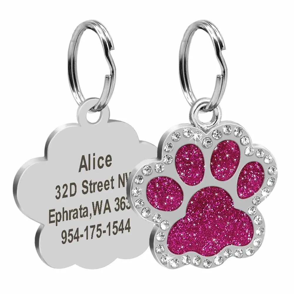 Didog Glitter Rhinestone Paw Print Custom Pet ID Tags,Crystal Stainless Steel Personalized Engrave ID Tags Fit Small Medium Large Dogs and Cats (Hot Pink)