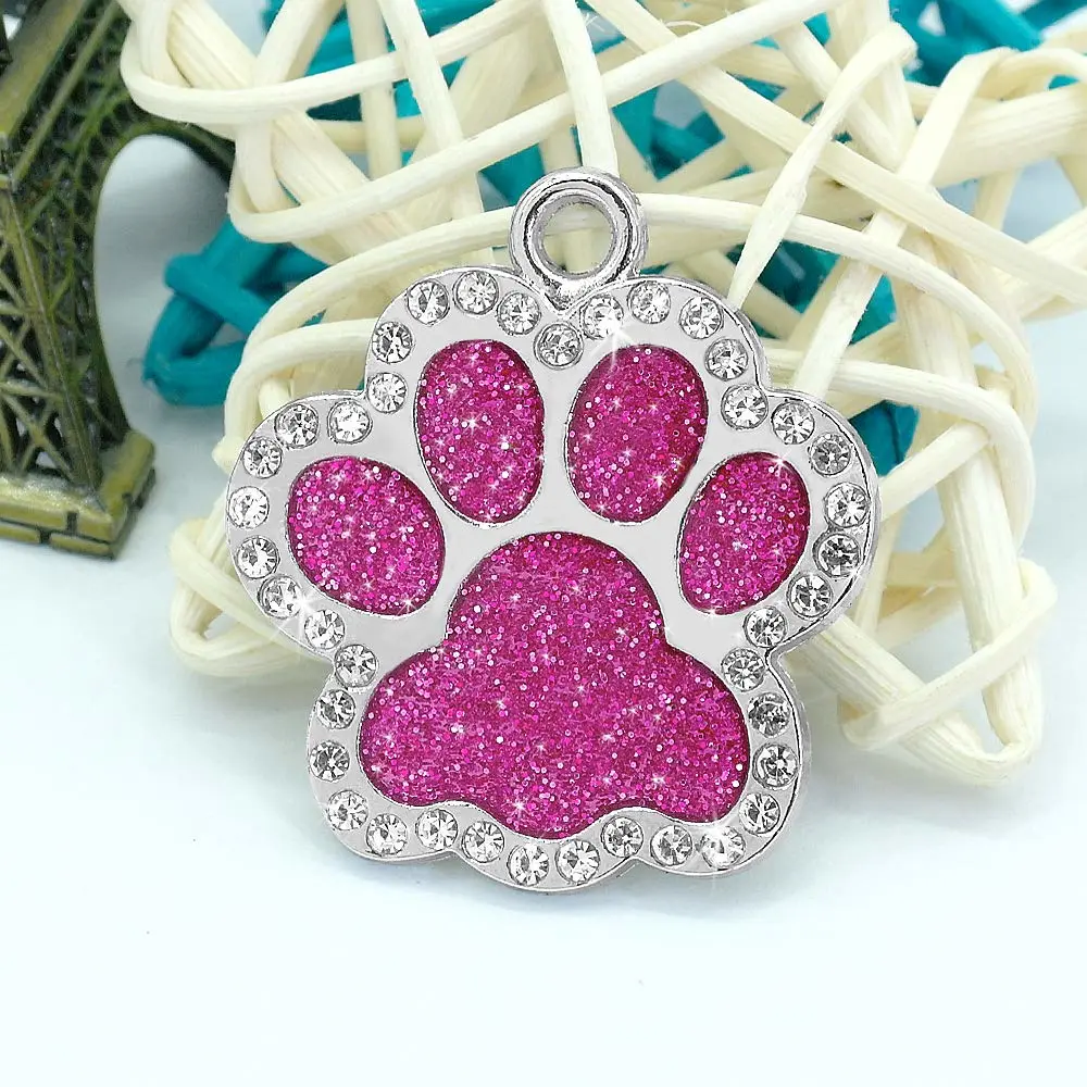 Didog Glitter Rhinestone Paw Print Custom Pet ID Tags,Crystal Stainless Steel Personalized Engrave ID Tags Fit Small Medium Large Dogs and Cats (Hot Pink)