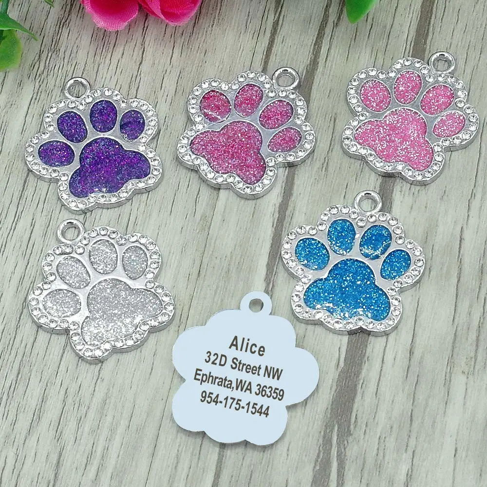 Didog Glitter Rhinestone Paw Print Custom Pet ID Tags,Crystal Stainless Steel Personalized Engrave ID Tags Fit Small Medium Large Dogs and Cats (Hot Pink)
