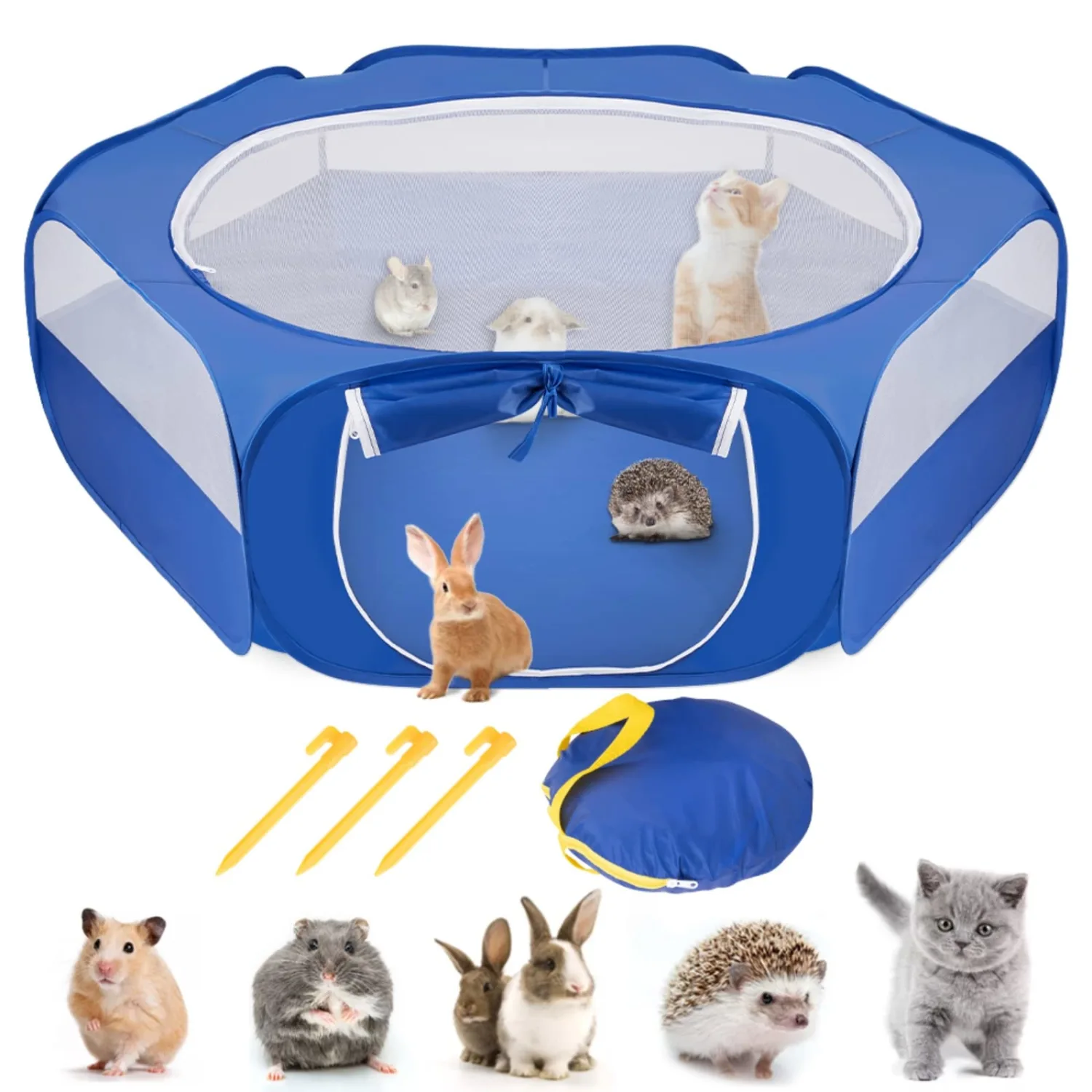 SlowTon Small Animal Playpen Portable - Durable Cat Playpen with Reinforced Mesh, Foldable Pet Playpen Exercise Play Pen with Zipper Top Cover Puppy Fence for Kitten Rabbit Ferret Chinchilla(M, Blue)