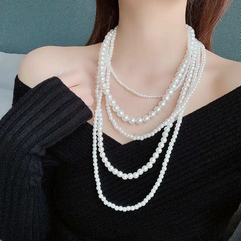 Women's Multi-layer Glass Pearl Necklace Long Sweater Chain Cheongsam Decoration Classic Style