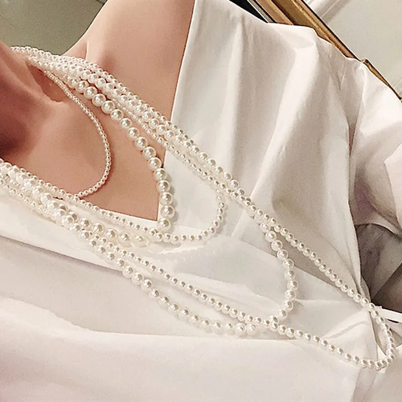 Women's Multi-layer Glass Pearl Necklace Long Sweater Chain Cheongsam Decoration Classic Style