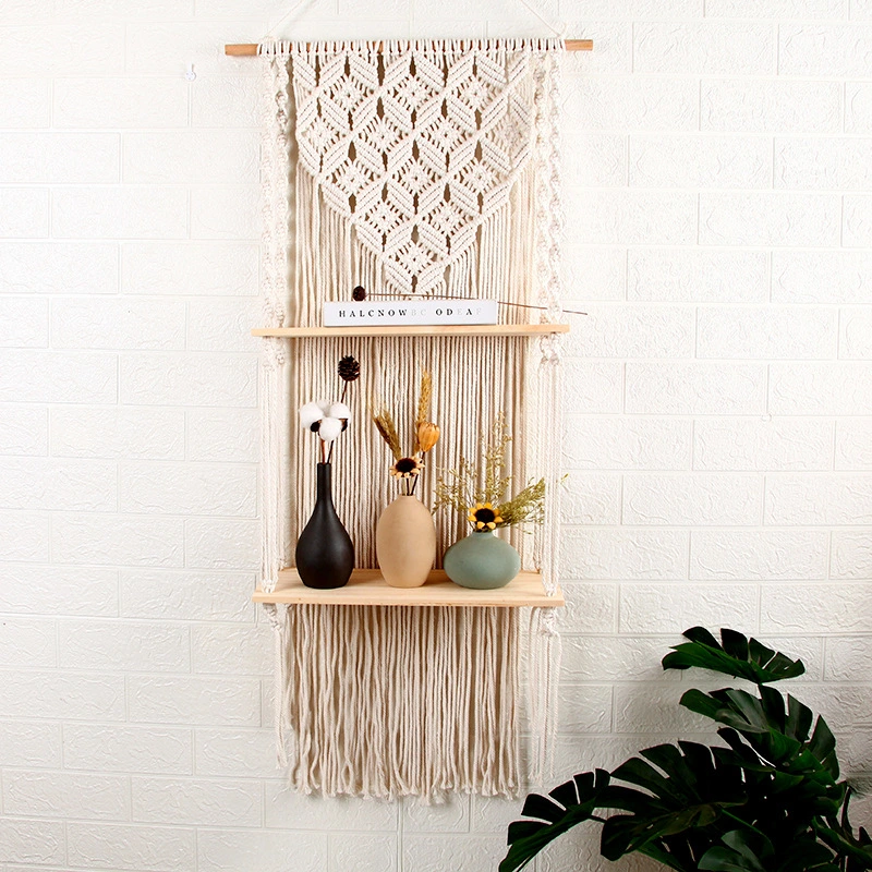 Bohemian 2-layer Wooden Shelf Tapestry Measures Woven Wood Shelf Wall Decoration For Home