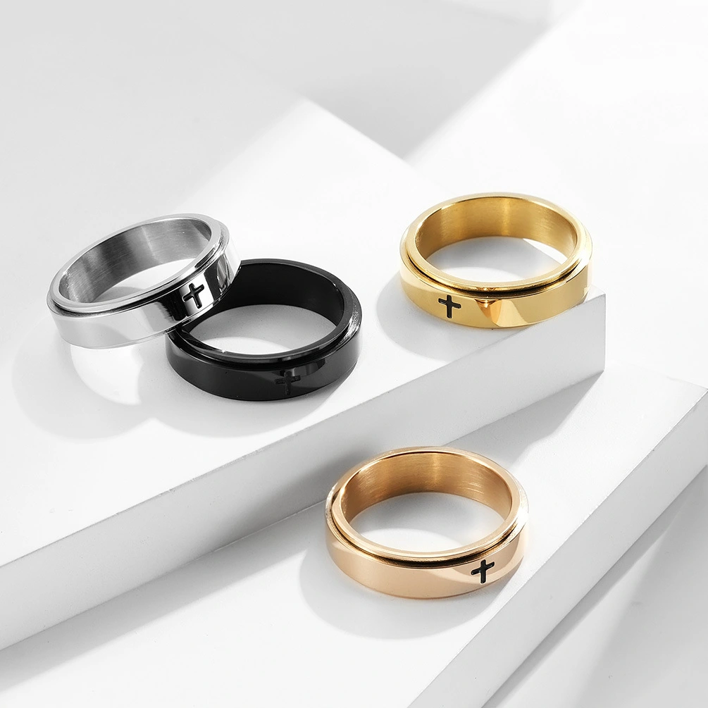 Minimalist Cross Rotable Decompression Stainless Steel Ring