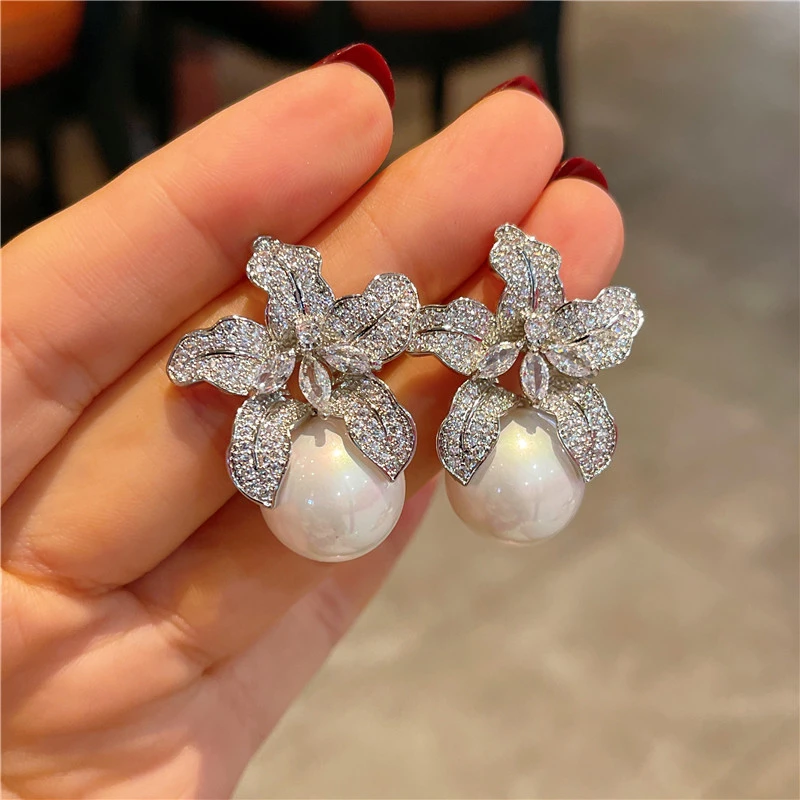 S925 Silver Needle New Full Diamond Lily Flower Earrings For Women's Light Luxury