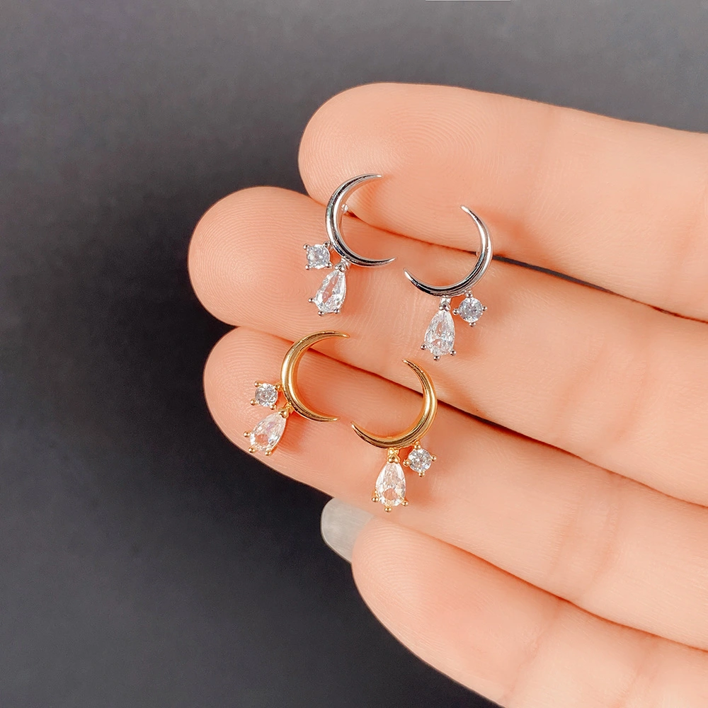 Small Curved Moon Shape Zircon Stud Earrings Female