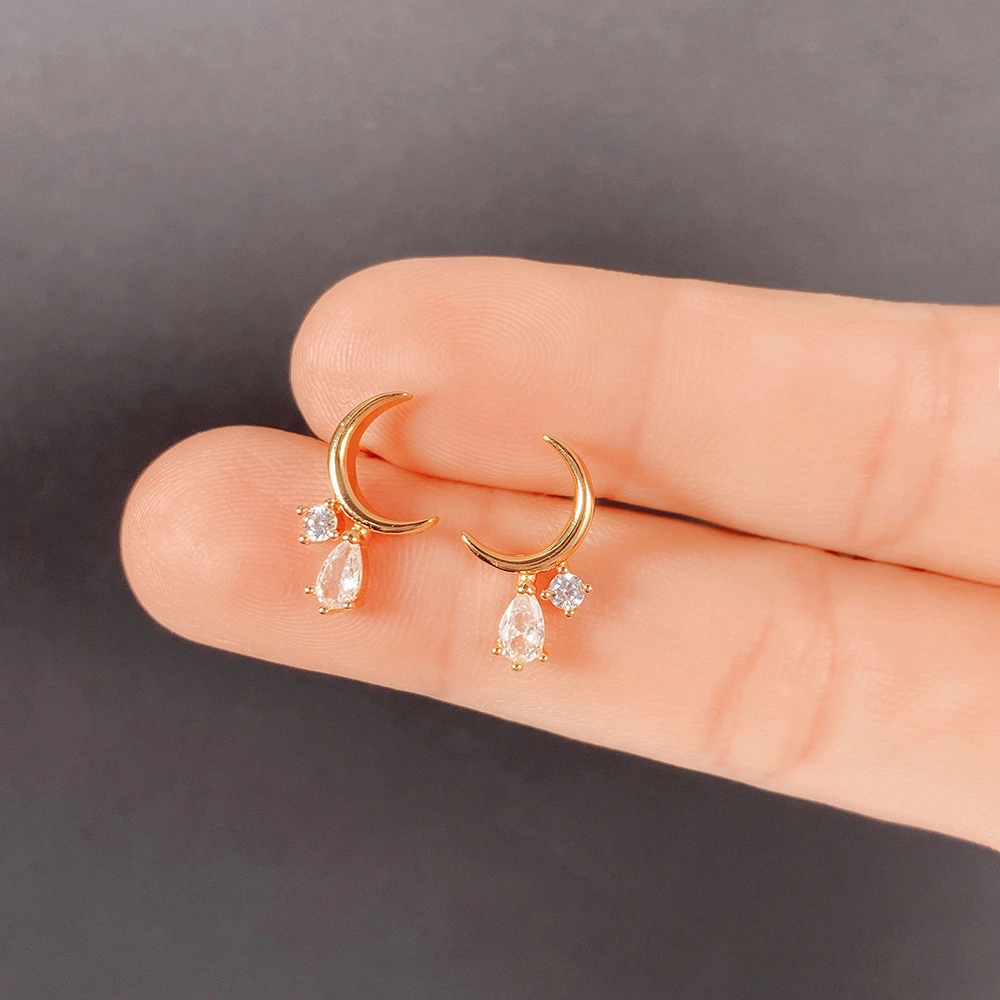 Small Curved Moon Shape Zircon Stud Earrings Female
