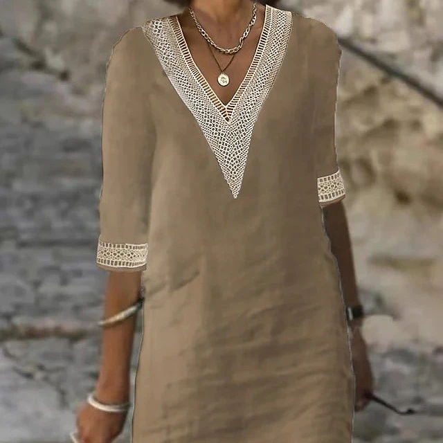 Solid Color V-neck Mid-sleeve Cotton Linen Casual Dress