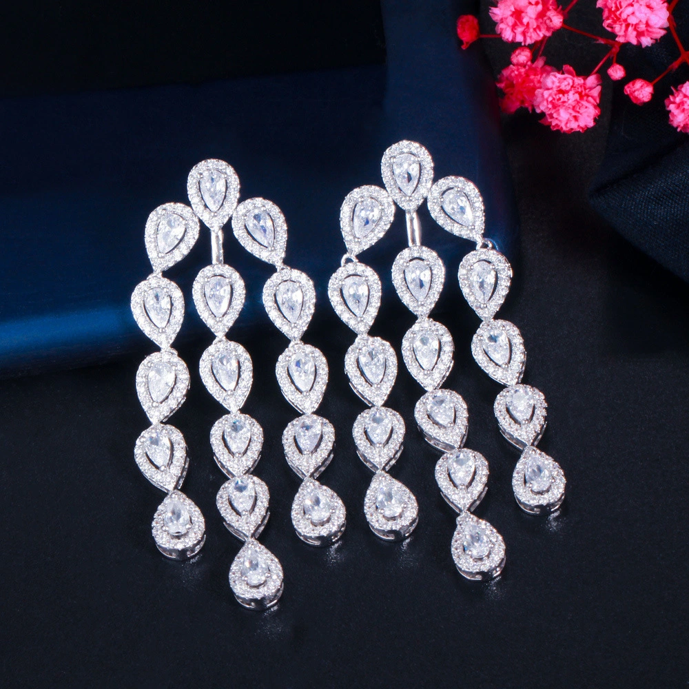 Water Drop Long Needle Zircon Bridal Tassel Earrings