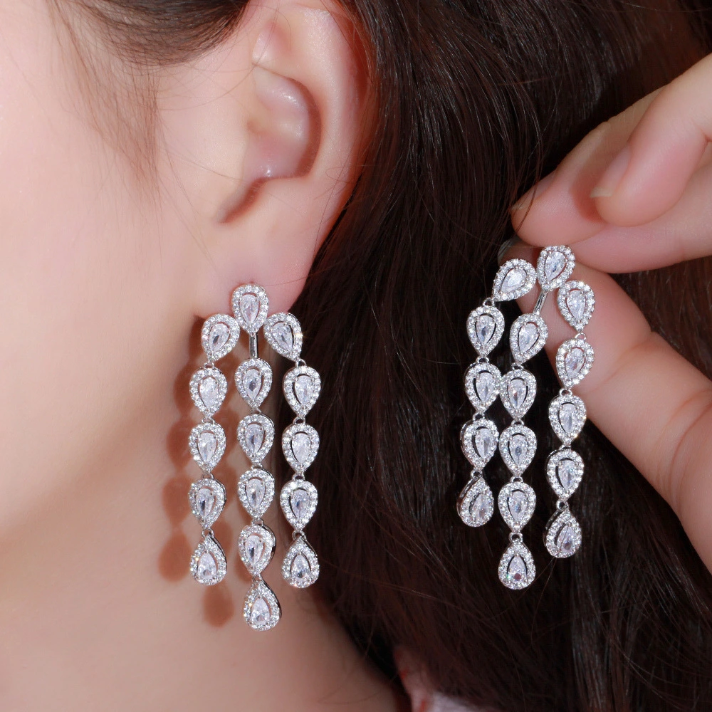 Water Drop Long Needle Zircon Bridal Tassel Earrings
