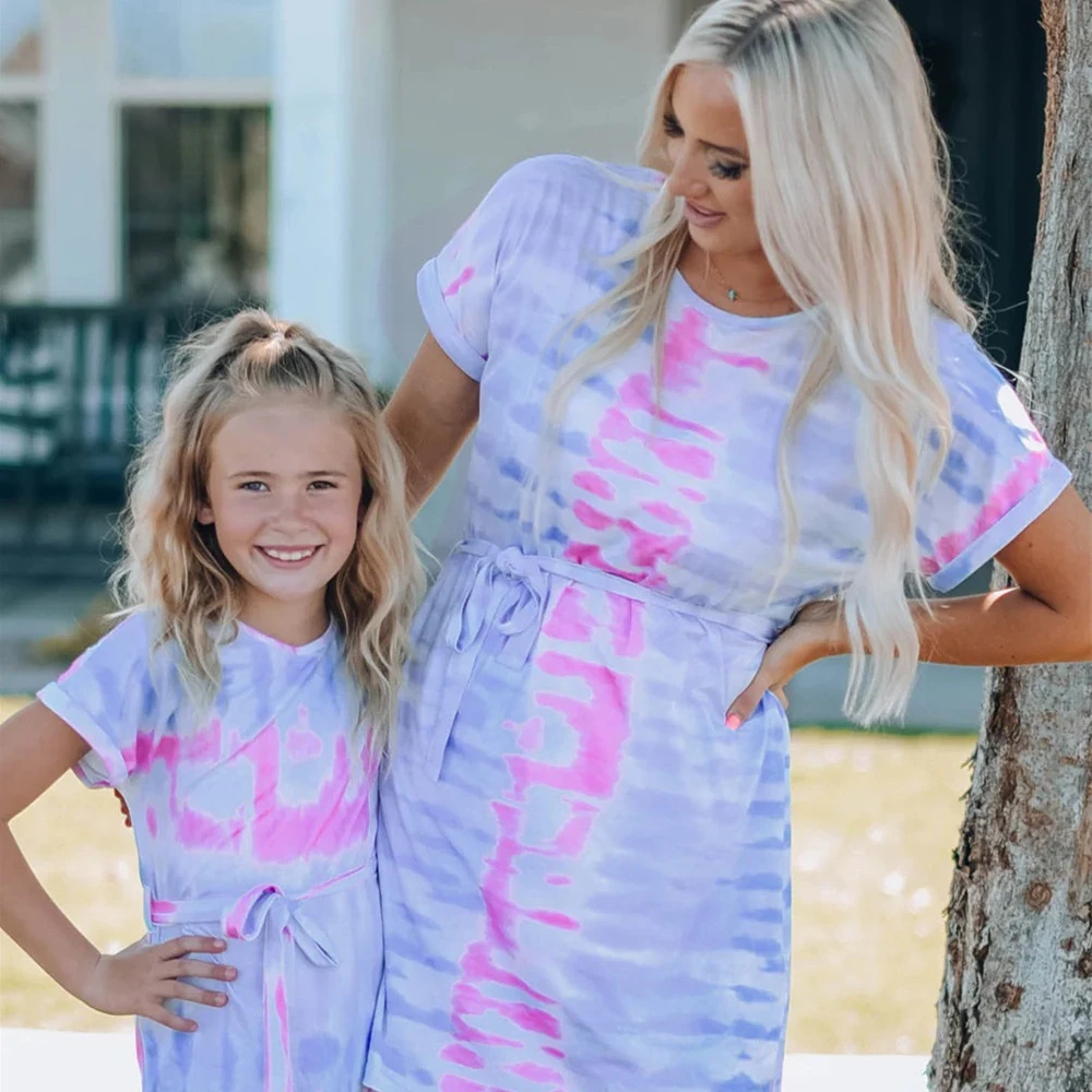 Tie Dye Drawstring T-shirt Parent-child Casual Women's Crewneck Dress