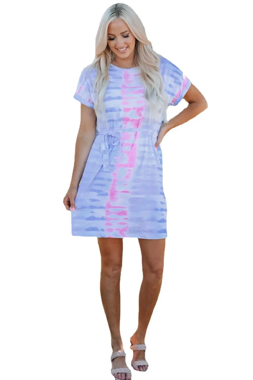 Tie Dye Drawstring T-shirt Parent-child Casual Women's Crewneck Dress