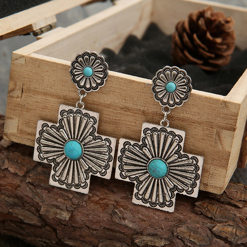 Retro Western Turquoise Earrings Exaggerated Cross Carved Metal Earrings