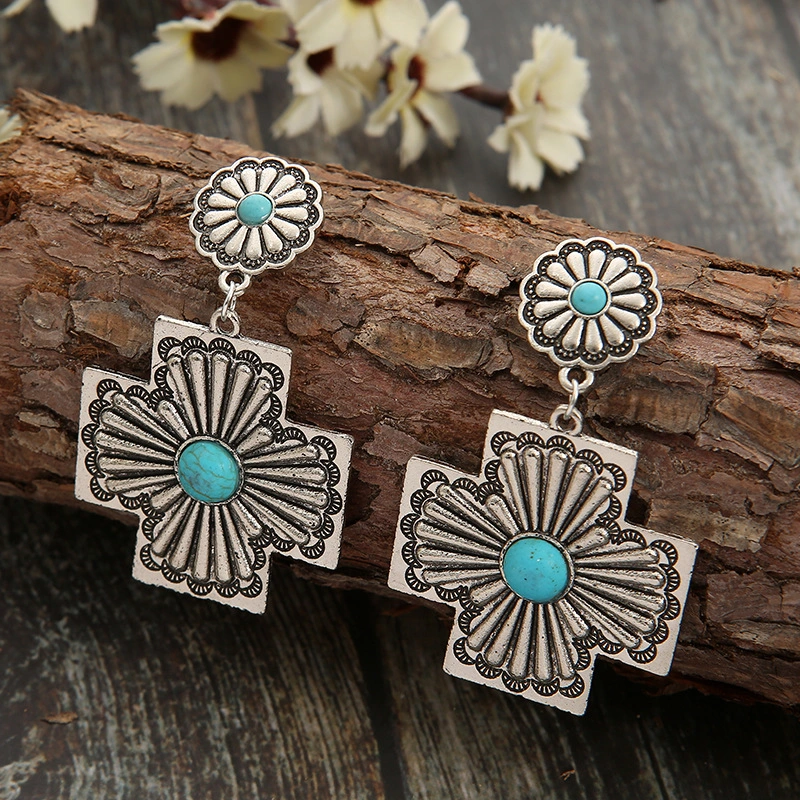 Retro Western Turquoise Earrings Exaggerated Cross Carved Metal Earrings