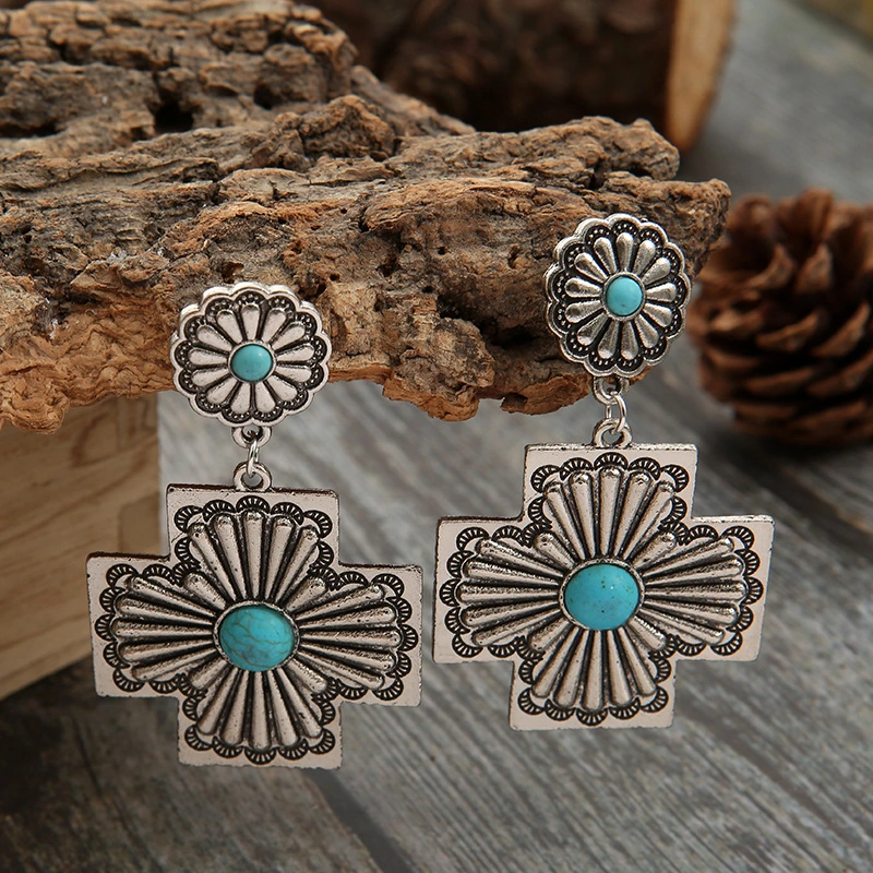 Retro Western Turquoise Earrings Exaggerated Cross Carved Metal Earrings