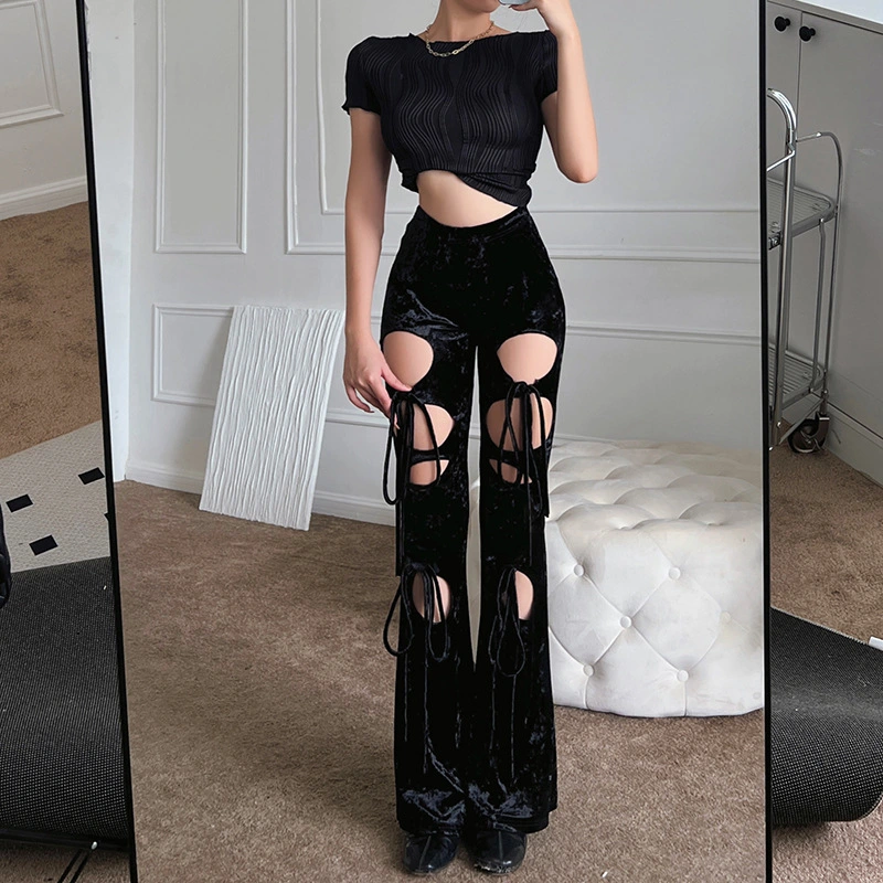 High-waist Slimming Hollow Velvet Ladies Straight-leg Pants