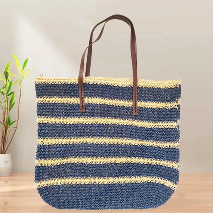 Stripe Color Matching Crochet Beach Bag Large Capacity Shoulder Bag