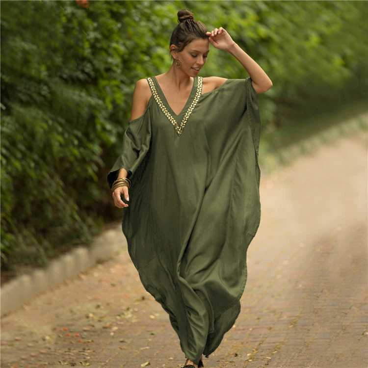 Faux Rayon V-neck Embroidery Loose Sun-protection Shirt Dress